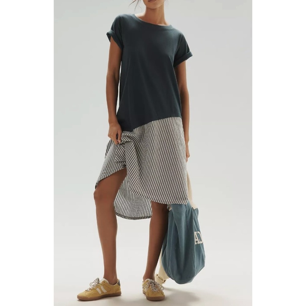 Daily Practice Anthropologie Navy Stripe Asymetrical T-Shirt Midi Dress Twofer L
